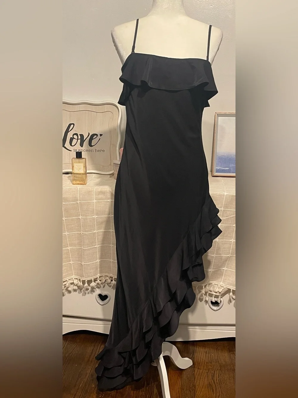 Abercrombie & Fitch Black Ruffle-Trim Maxi Slip Dress with Side Slit size M
